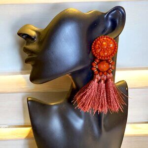 Bobo Style Tassels Pierced Earrings Deep Burnt Orange Rust 3.5 inches